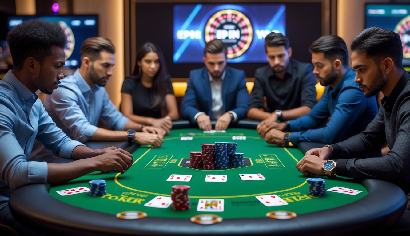 Meja poker dengan tumpukan chip dan kartu, beberapa pemain fokus bermain di ruangan kasino yang modern.