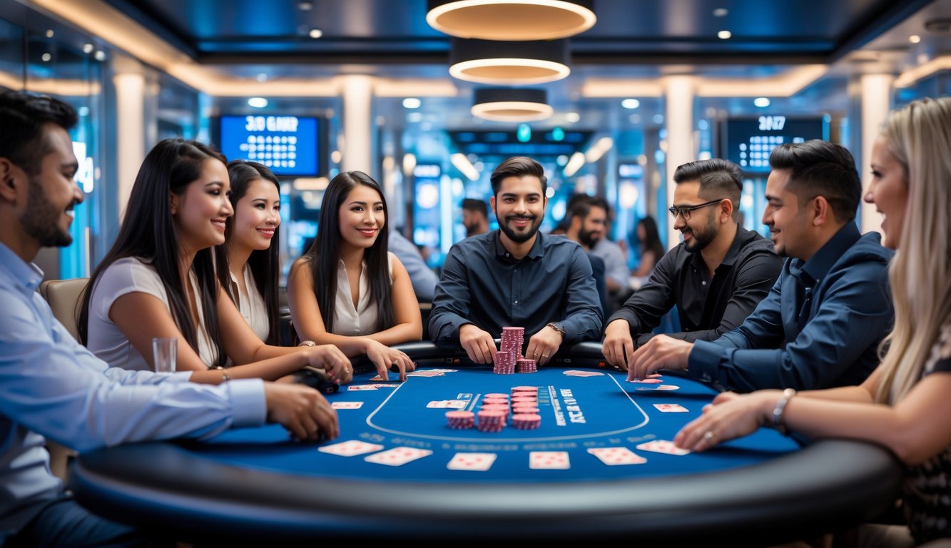 Sekelompok pemain poker bermain di meja Spin & Go dengan suasana kasino modern tanpa adanya robot, menampilkan permainan yang adil dan fokus.