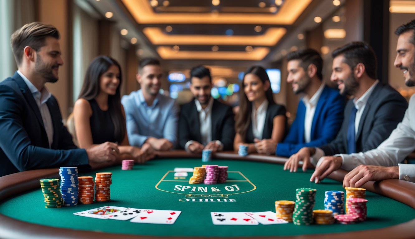 Meja poker dengan chip warna-warni dan kartu, dikelilingi oleh beberapa pemain yang fokus bermain.