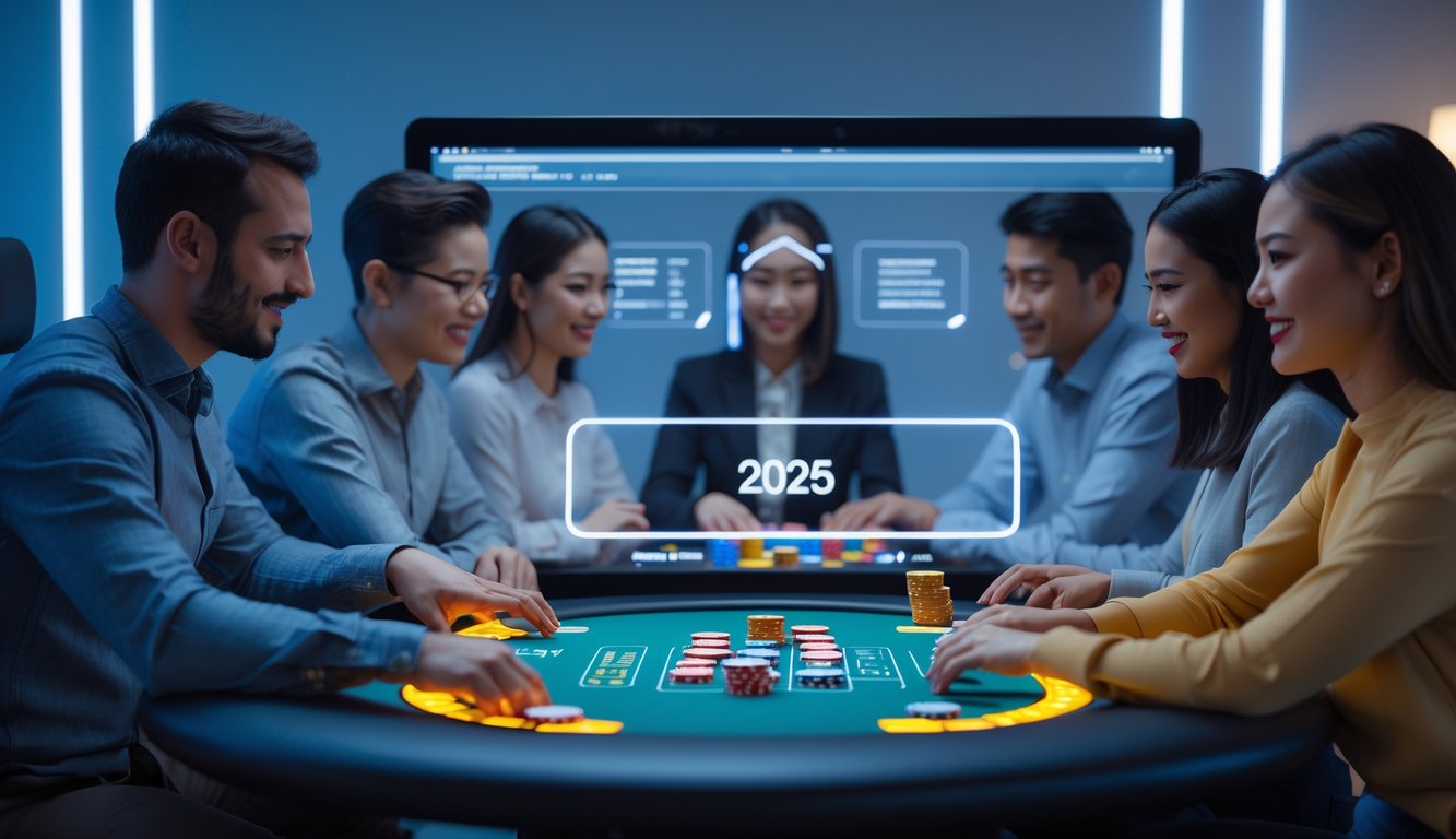 Sejumlah pemain poker online sedang bermain di depan layar komputer dengan tumpukan chip dan kartu di meja digital.