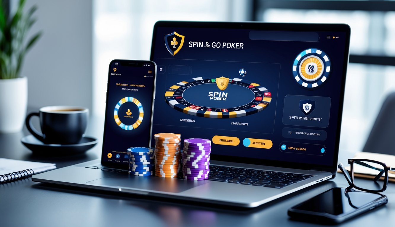 Meja kerja dengan laptop menampilkan permainan poker online, tumpukan chip poker berwarna, dan ponsel yang menunjukkan aplikasi poker dengan latar kantor yang rapi.