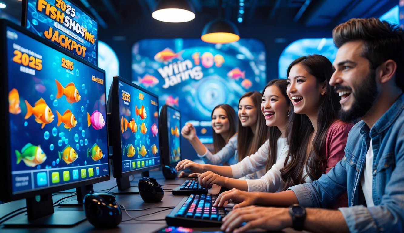 Sejumlah orang muda sedang bermain game tembak ikan di komputer dengan suasana ruangan yang terang dan modern.