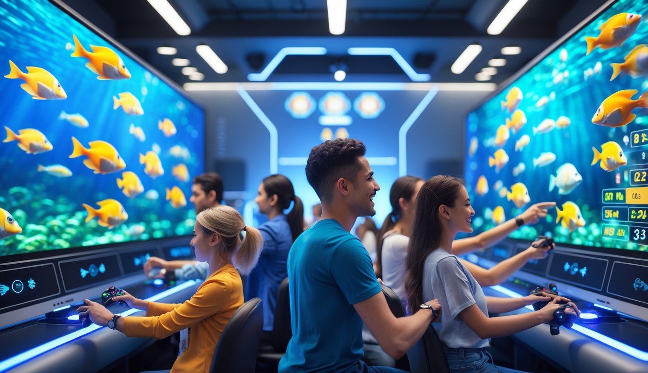 Beberapa orang bermain game menembak ikan dengan layar berwarna-warni menampilkan berbagai ikan dan indikator jackpot dalam suasana gaming modern.