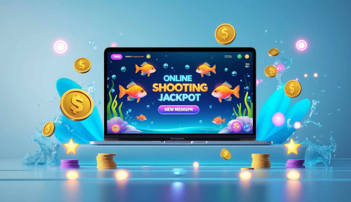 Suasana permainan tembak ikan online dengan layar perangkat menampilkan grafis ikan berwarna-warni dan simbol jackpot, dikelilingi koin dan efek cahaya yang menunjukkan kemenangan.
