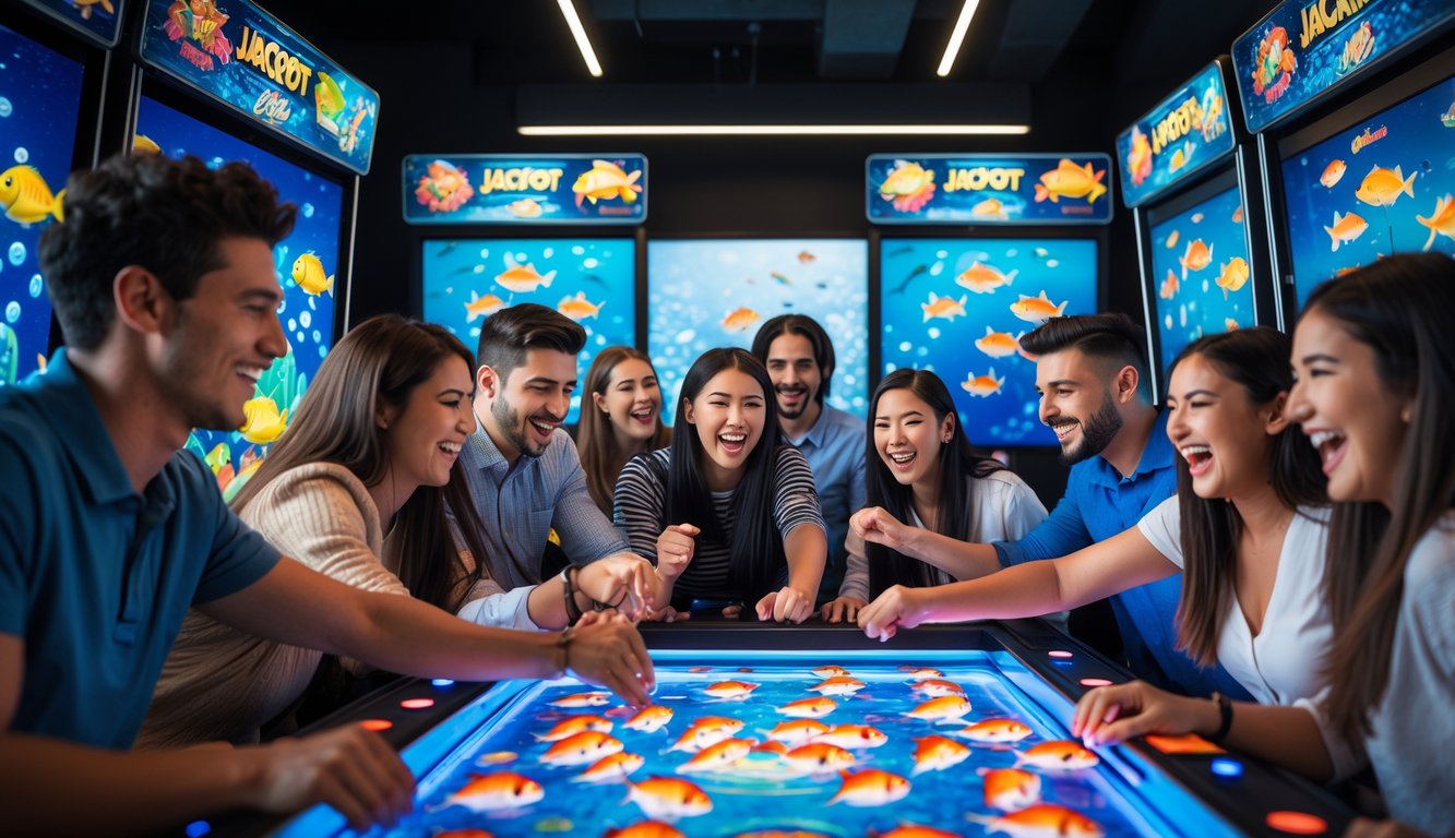 Sekelompok orang muda bermain mesin permainan tembak ikan di arcade dengan ekspresi senang dan suasana ceria.