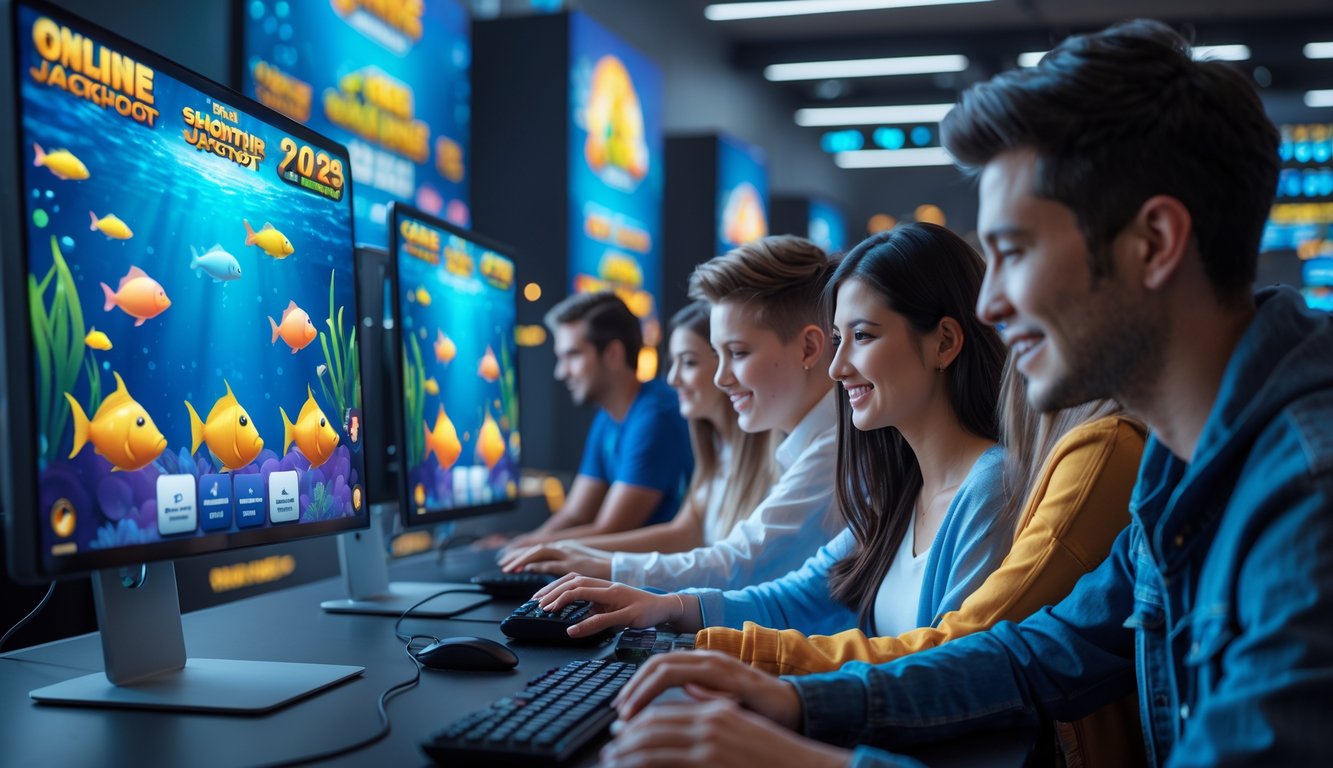 Sekelompok orang muda bermain game tembak ikan jackpot secara online di sebuah ruangan modern dengan beberapa layar komputer yang menampilkan grafik ikan berwarna-warni.
