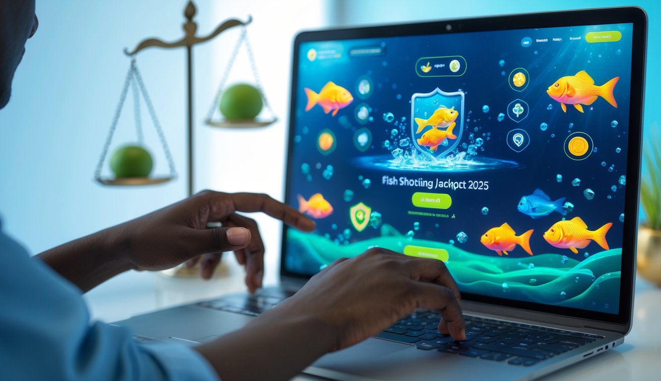 Seseorang menggunakan perangkat digital dengan layar menampilkan permainan tembak ikan dengan tema bawah laut dan ikon jackpot.