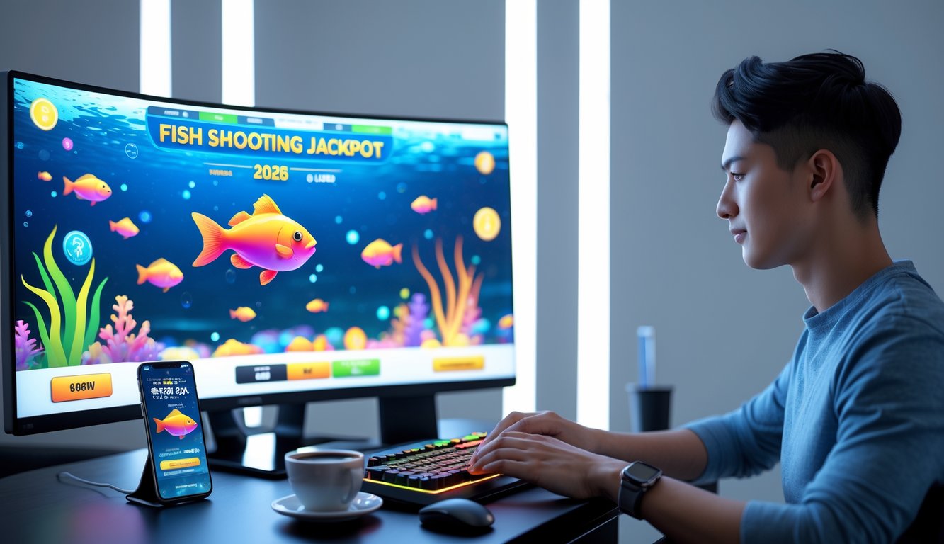 Seorang pemain muda sedang menggunakan komputer dengan layar menampilkan permainan tembak ikan berwarna-warni dan simbol jackpot, di meja terdapat smartphone dan cangkir kopi.