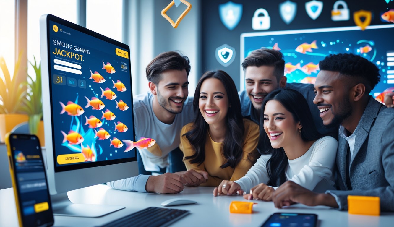 Sekelompok orang muda bermain game tembak ikan di komputer dengan suasana yang ceria dan aman.