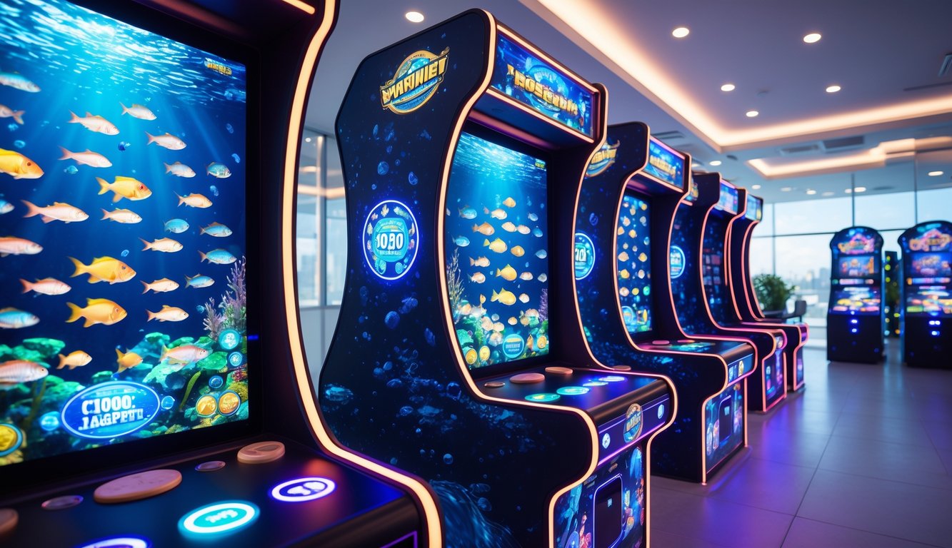 Mesin permainan tembak ikan modern dengan lampu LED warna-warni di pusat permainan yang cerah dan bersih.