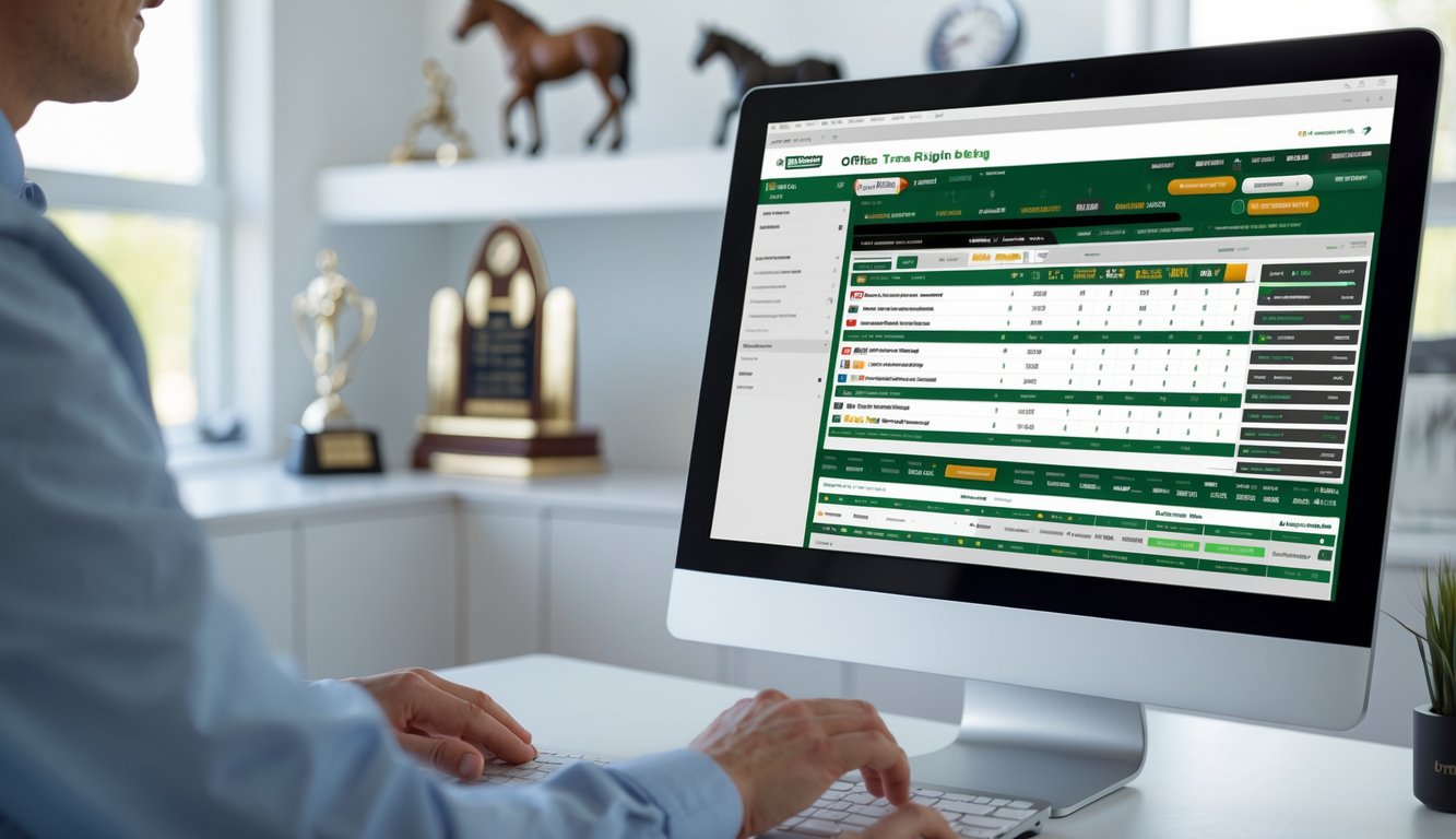 Seseorang sedang menggunakan komputer untuk memasang taruhan balap kuda online di ruang kerja yang rapi dan terang.