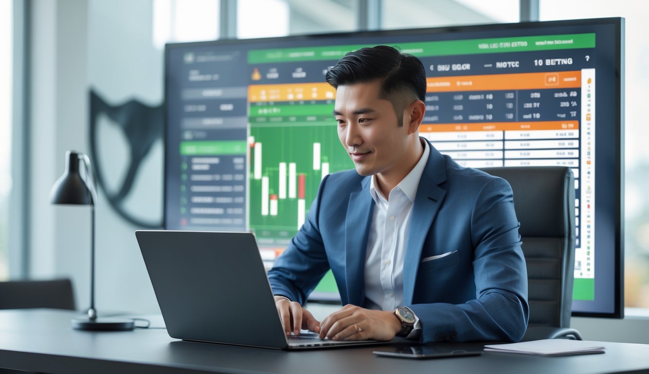 Seorang pria Asia Tenggara duduk di meja modern menggunakan laptop dengan layar besar menampilkan antarmuka balap kuda digital di belakangnya.