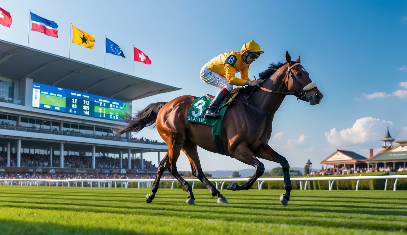 Seekor kuda pacuan berlari kencang di lintasan hijau dengan tribun penonton dan bendera internasional di latar belakang.