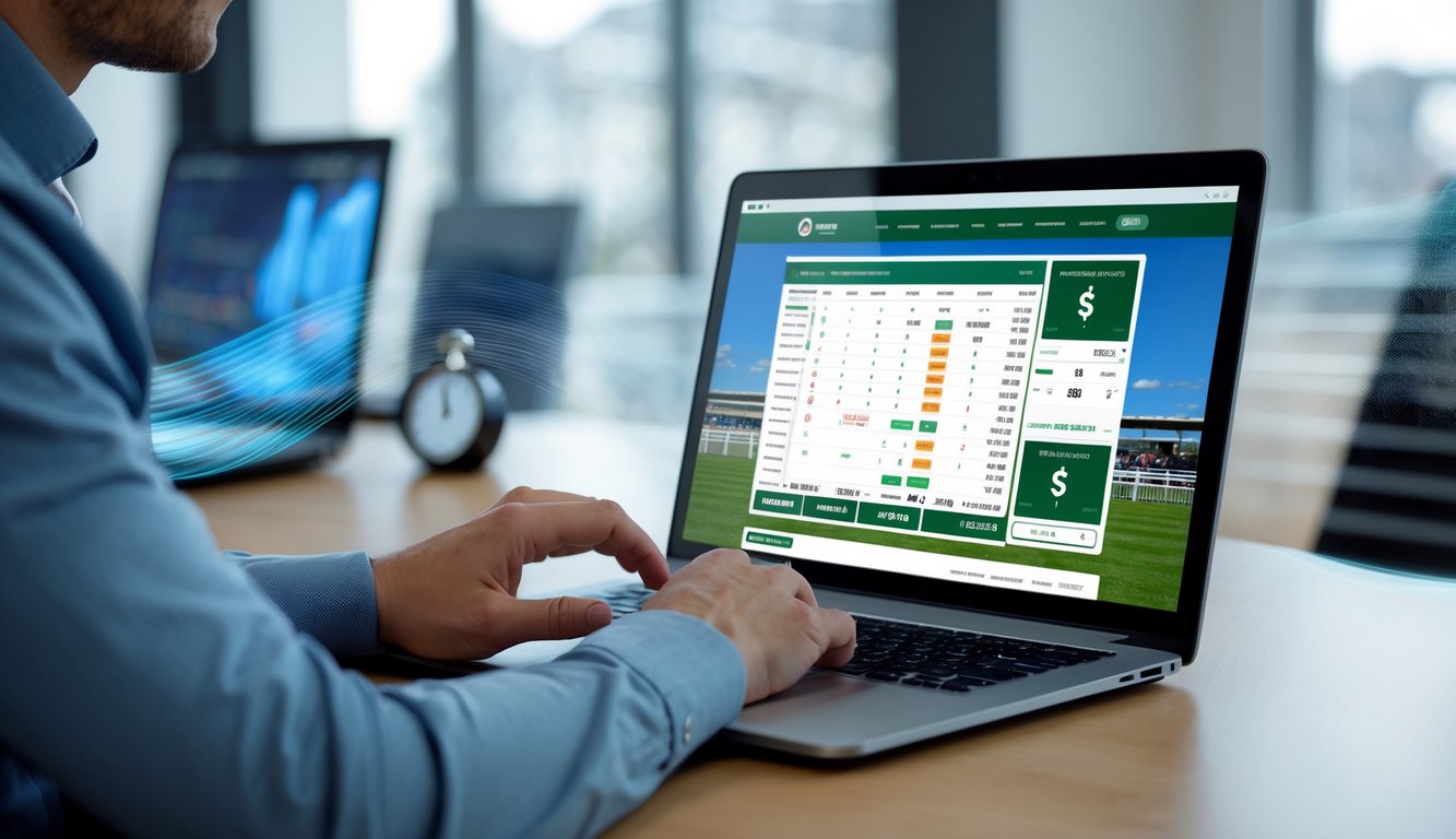 Seorang dewasa menggunakan laptop dengan tampilan situs judi balap kuda online di ruang kerja yang terang dan rapi.