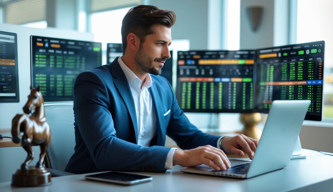 Seorang pria profesional duduk di meja dengan beberapa layar komputer yang menampilkan data balap kuda, menggunakan laptop dan ponsel di kantor modern.