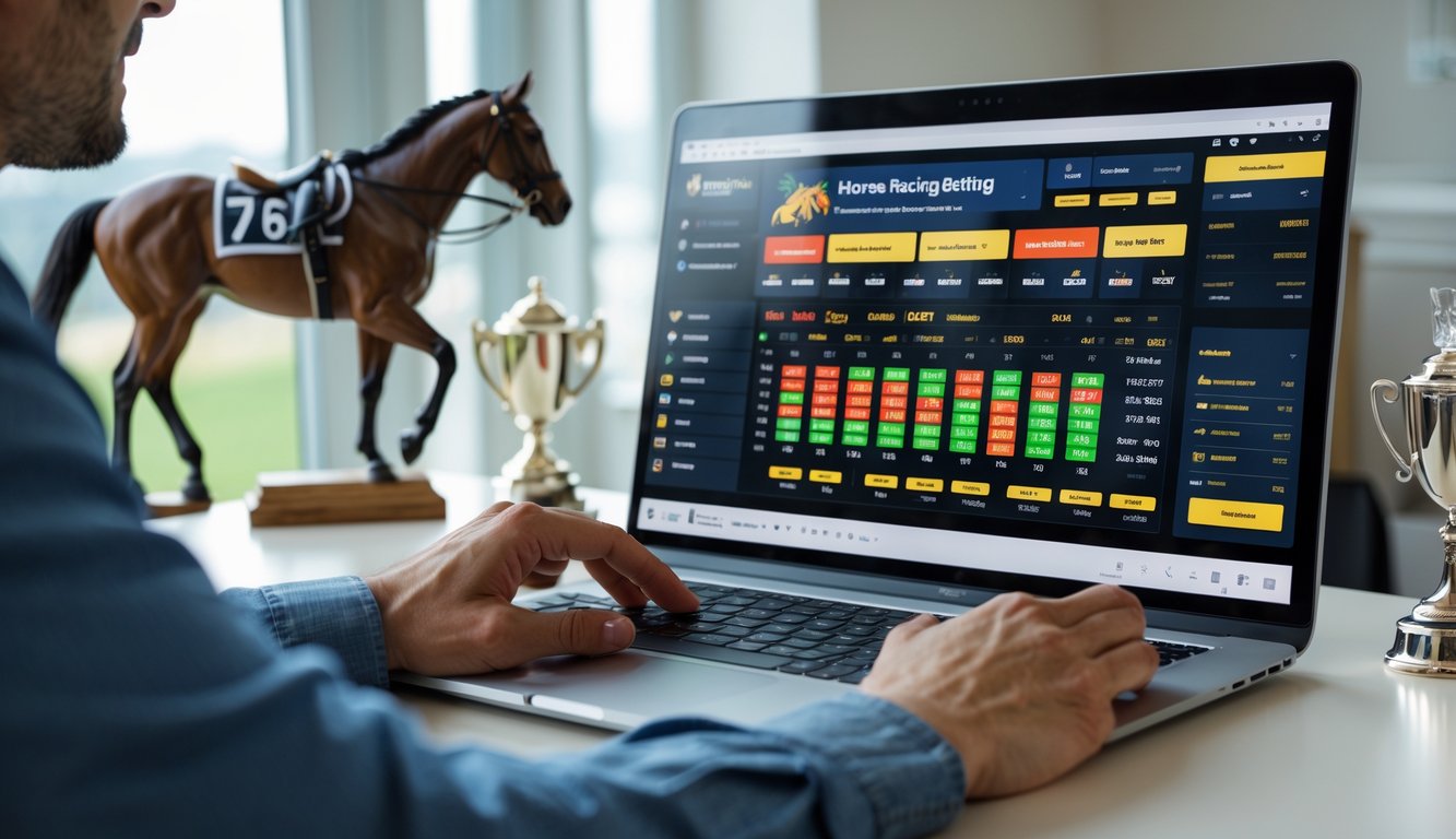 Seseorang menggunakan komputer untuk memasang taruhan balap kuda online di ruang kerja yang rapi.