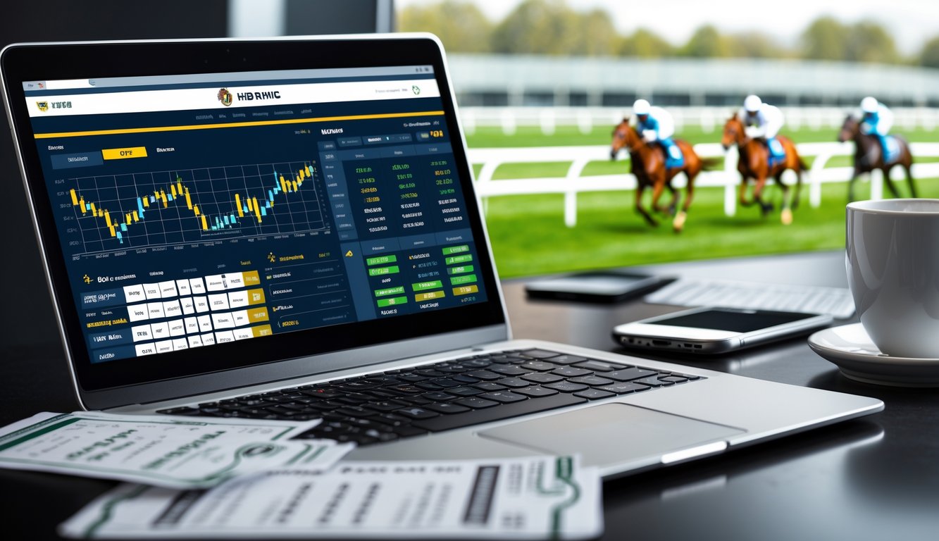 Seorang pekerja menggunakan laptop dan smartphone untuk memasang taruhan balap kuda online di meja kerja yang rapi dengan latar belakang lintasan balap kuda yang samar.