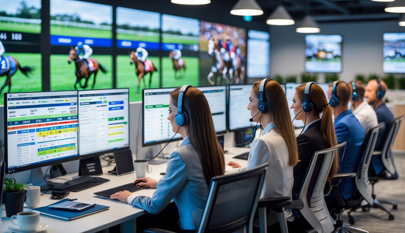 Suasana kantor modern dengan staf layanan pelanggan yang sedang bekerja di depan komputer, menampilkan data balap kuda secara online.