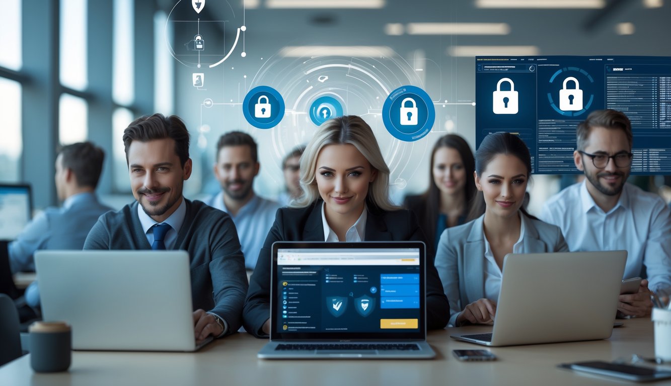 Orang-orang menggunakan perangkat digital di kantor modern dengan simbol keamanan digital di layar komputer.