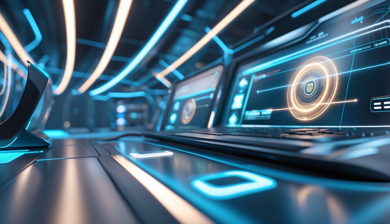 Antarmuka digital modern dengan elemen bergerak cepat dan grafik yang menunjukkan permainan daring yang cepat dan sukses.