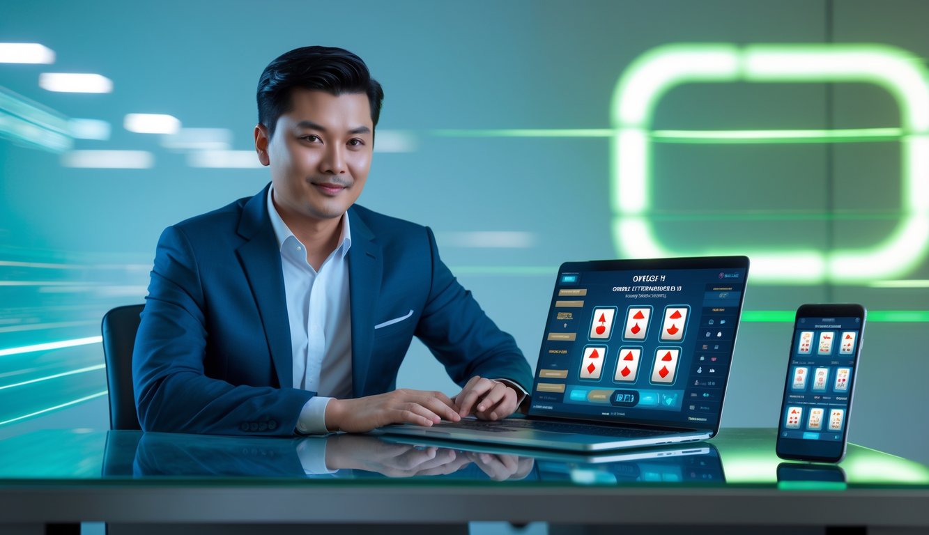 Seorang pria Asia berpakaian rapi duduk di meja dengan perangkat digital menampilkan permainan kartu cepat di ruang kantor modern.