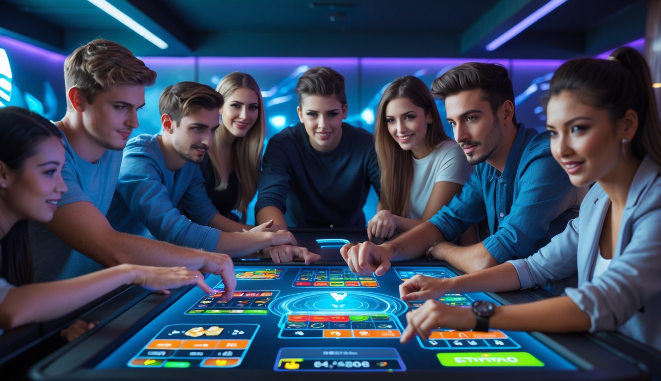 Sekelompok orang muda bermain game kartu cepat di meja digital dalam ruangan bergaya futuristik dengan pencahayaan biru dan ungu.