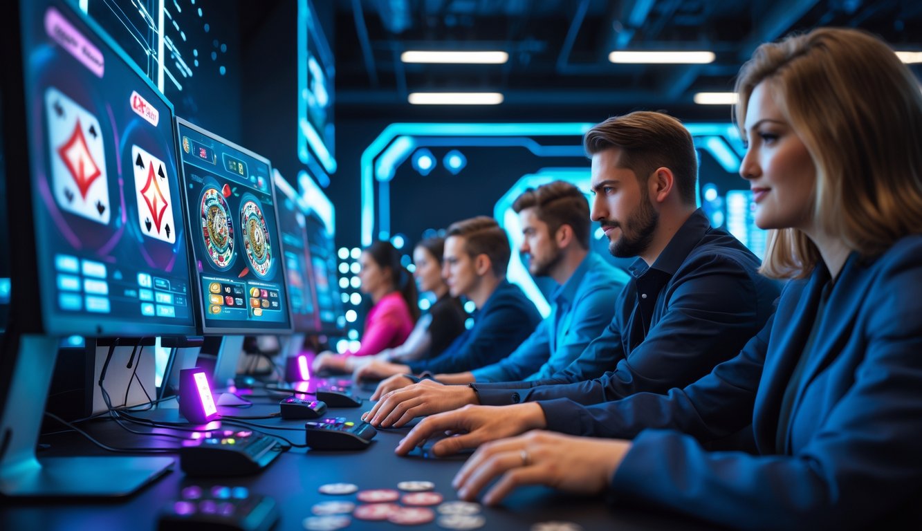 Orang-orang menggunakan komputer dengan tampilan permainan kartu digital di layar dalam ruangan terang.