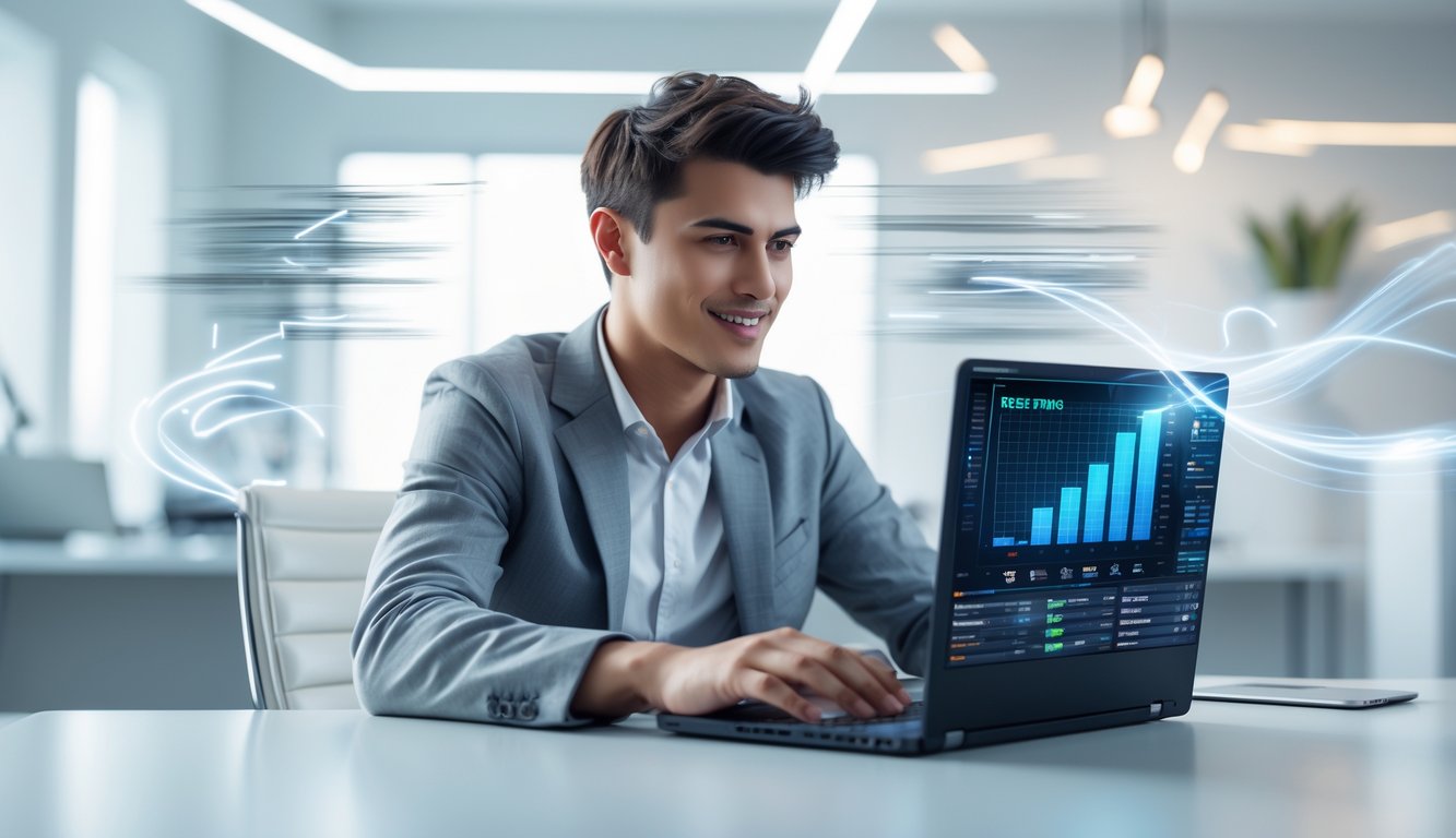 Seorang pria muda duduk di meja kerja dengan laptop, fokus pada layar yang menampilkan grafik digital, di ruangan kantor yang terang dan modern.