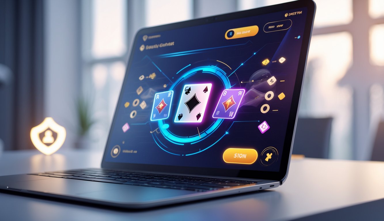 Seseorang menggunakan perangkat digital yang menampilkan permainan kartu cepat dengan simbol keamanan di latar belakang.