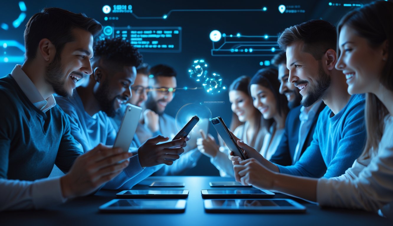 Orang-orang menggunakan perangkat digital dalam suasana permainan judi online dengan latar belakang grafis digital yang menunjukkan transaksi cepat dan permainan yang adil.