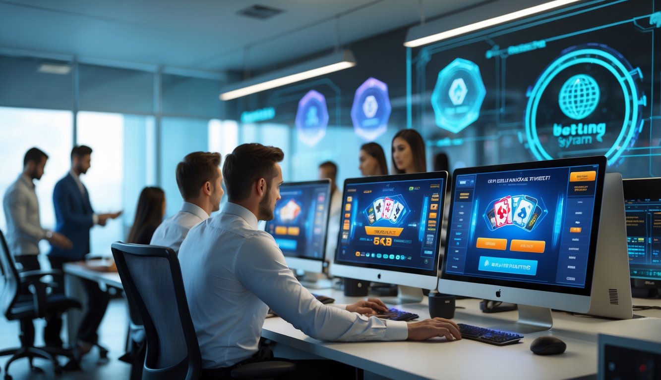 Orang-orang bekerja di kantor modern dengan layar komputer yang menampilkan permainan kartu dan sistem taruhan digital.