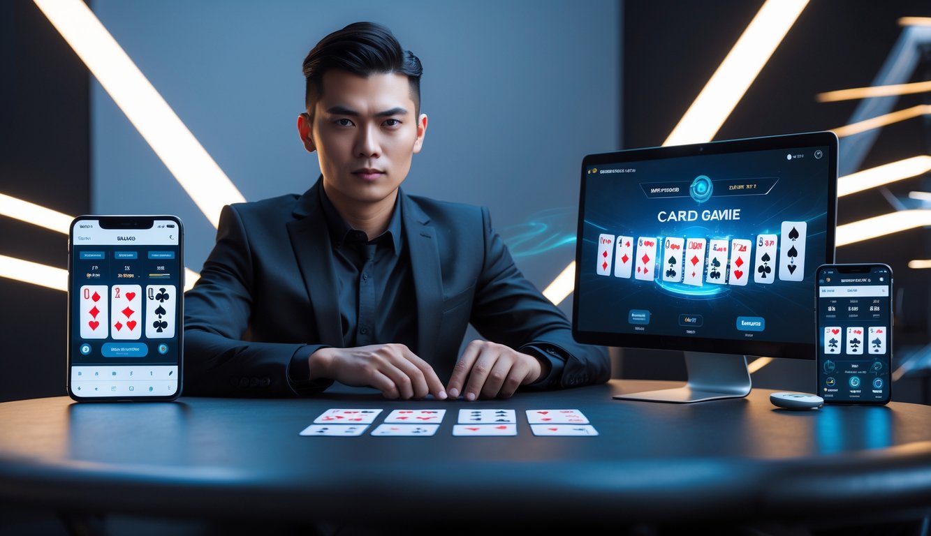 Seorang pemain profesional sedang bermain permainan kartu online di meja dengan perangkat digital di sekitarnya.