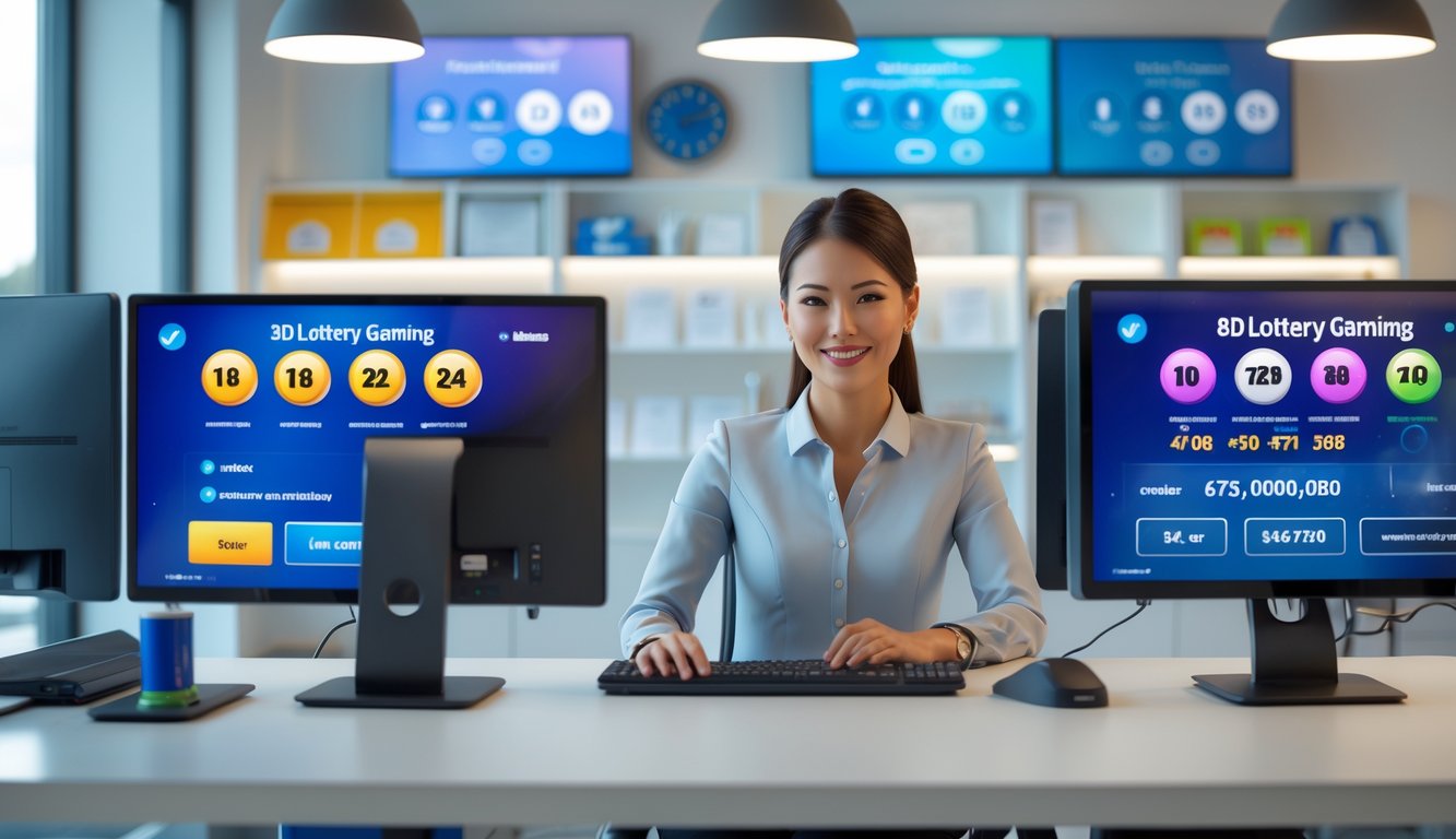 Seorang agen judi togel sedang melayani pelanggan di kantor yang rapi dengan komputer dan layar menampilkan angka togel dan pembayaran cepat.