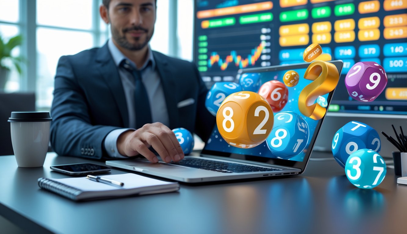 Seorang profesional bekerja di kantor modern dengan layar komputer menampilkan angka togel 3D dan data pasar.