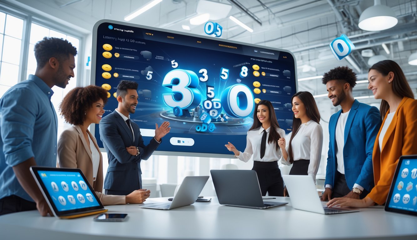 Sekelompok orang muda sedang melihat layar digital dengan angka togel 3D dan grafik di sebuah kantor modern.