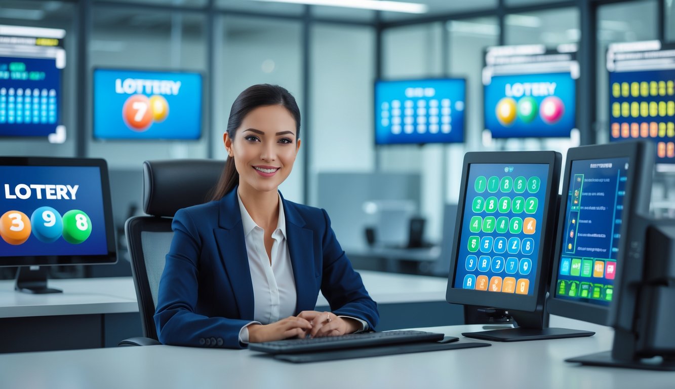 Seorang agen judi togel 3D yang percaya diri duduk di meja kantor modern dengan layar digital menampilkan angka togel 3D, di ruangan yang terang dan aman.