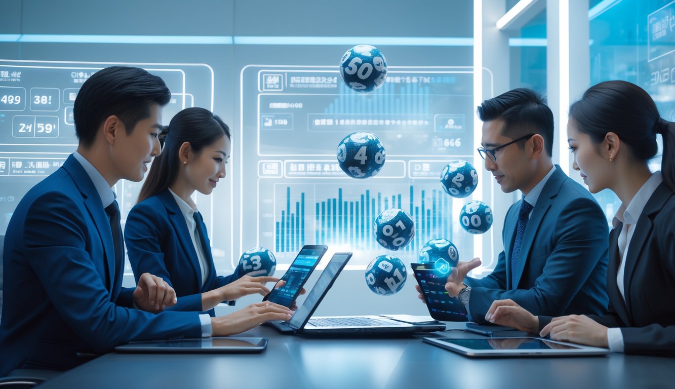 Dua orang profesional sedang bekerja bersama di kantor modern dengan layar digital menampilkan data dan angka togel 3D.