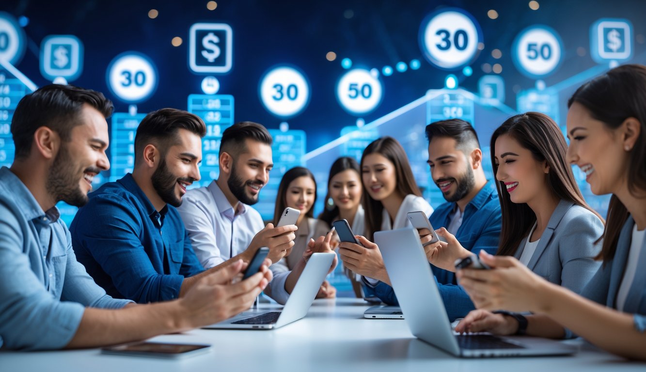 Orang-orang menggunakan perangkat digital dengan latar belakang grafis angka lotere dan simbol pembayaran bank serta e-wallet.