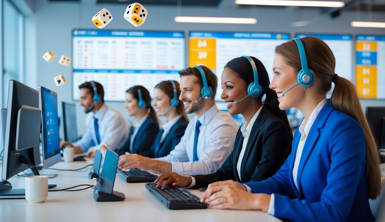 Tim layanan pelanggan yang ramah bekerja di pusat layanan modern dengan komputer dan elemen visual terkait togel 3D.