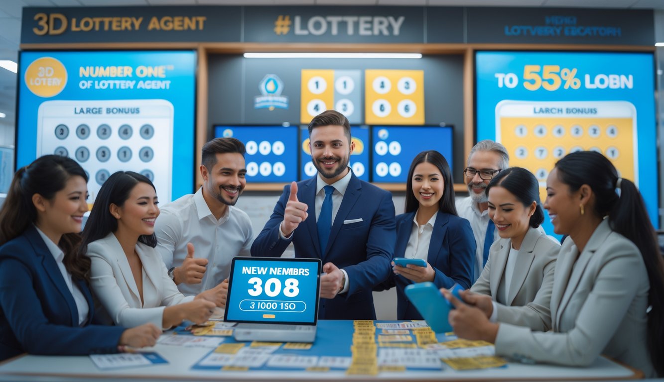 Seorang agen judi togel sedang melayani pelanggan di kantor modern dengan suasana ramah dan profesional.