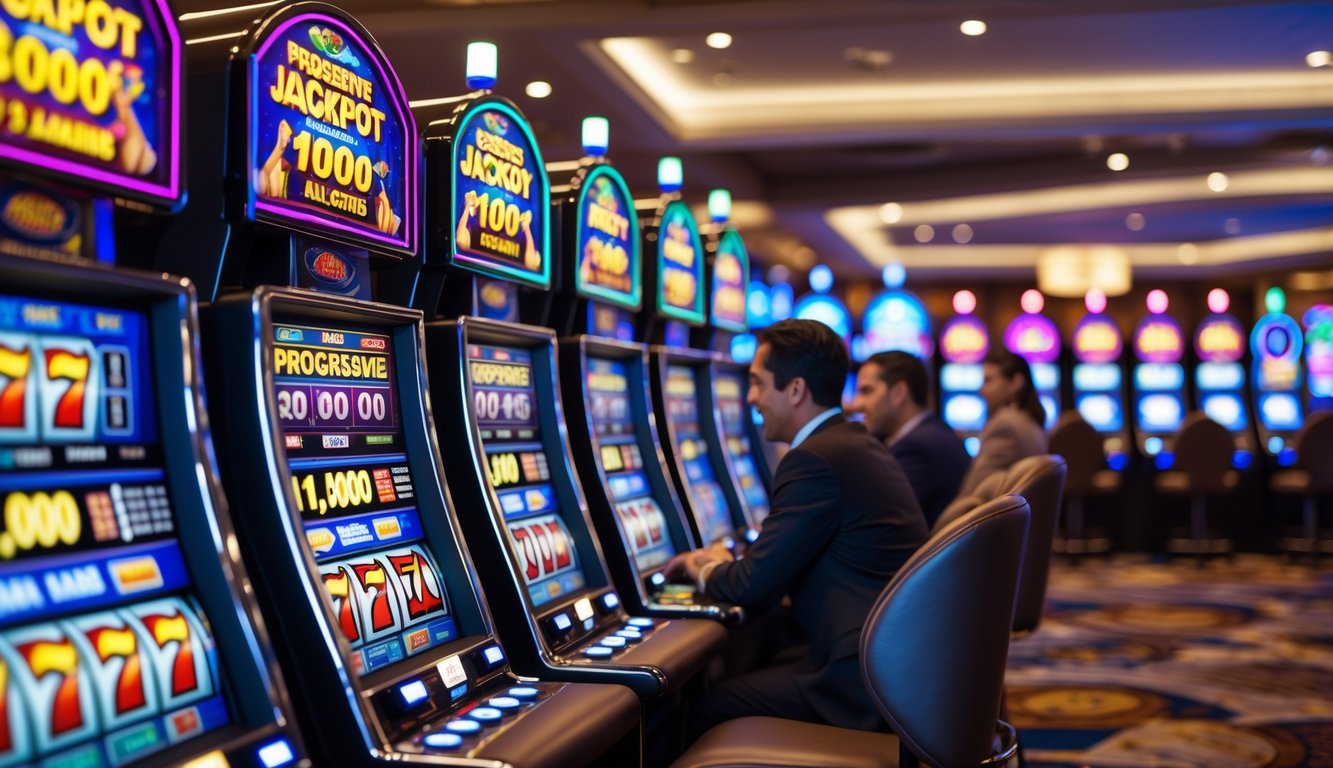 Seorang pemain sedang bermain mesin slot progresif di dalam kasino yang modern dan terang dengan mesin slot berwarna-warni dan suasana yang ramah.