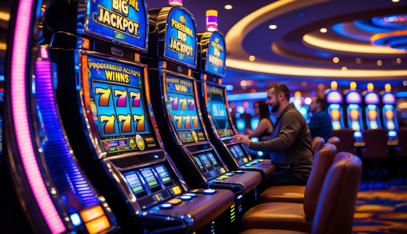 Suasana kasino dengan mesin slot progresif yang menyala dan pemain yang sedang bermain dengan ekspresi antusias.