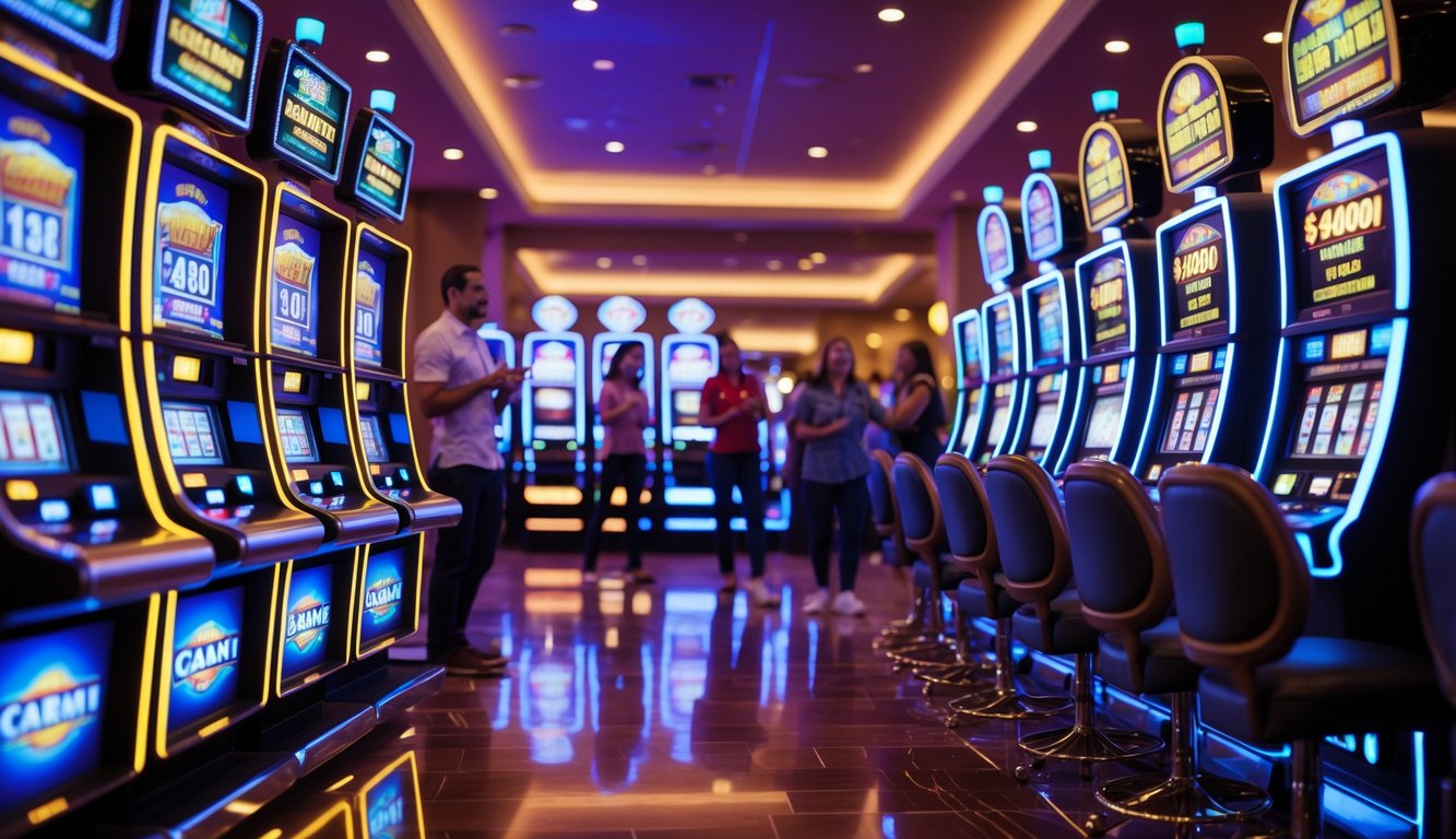 Suasana kasino dengan mesin slot progresif dan beberapa pemain yang sedang bermain dengan antusias.