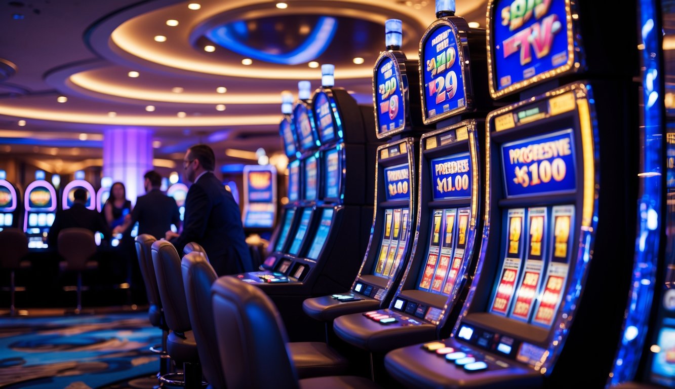 Suasana kasino dengan mesin slot progresif yang menyala dan pemain yang antusias.