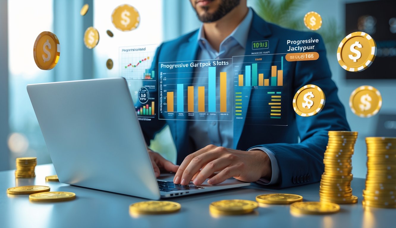 Seorang profesional duduk di meja modern dengan laptop, menganalisis data terkait mesin slot progresif di kantor yang terang dan rapi.