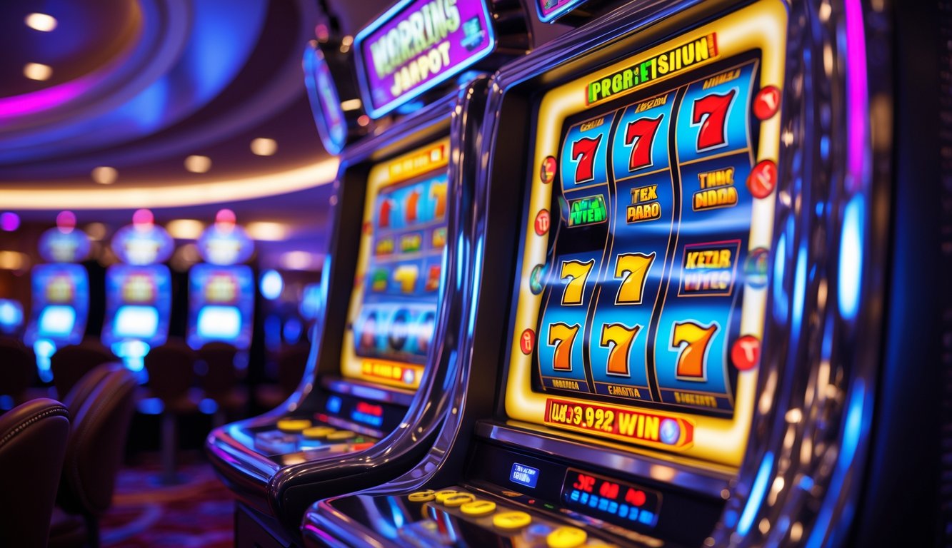 Mesin slot modern dengan lampu berwarna-warni di dalam kasino yang mewah, menampilkan suasana kemenangan jackpot progresif.