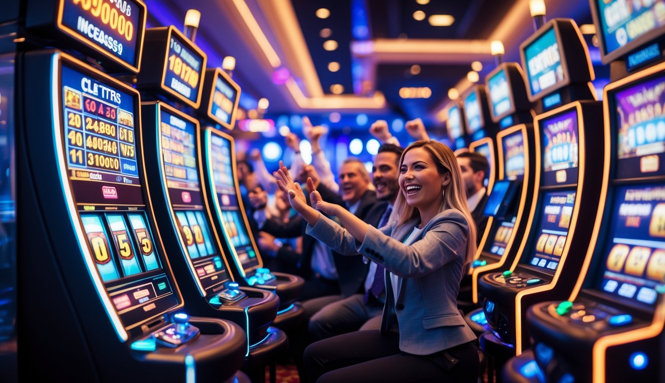 Orang-orang yang senang bermain mesin slot progresif jackpot di kasino dengan lampu warna-warni dan suasana meriah.