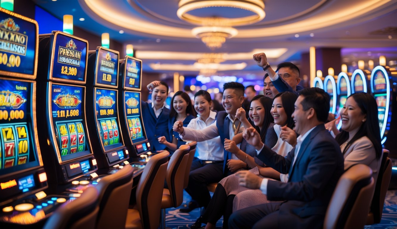 Seorang pemain Indonesia sedang bermain mesin slot progresif di kasino yang ramai dan berwarna-warni.