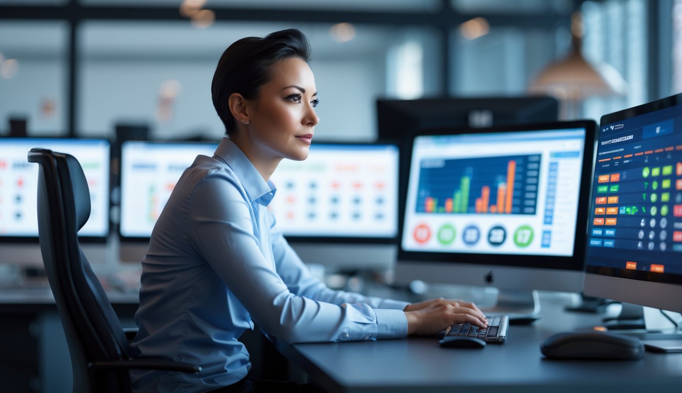Seseorang duduk di meja kerja dengan beberapa layar komputer menampilkan grafik dan angka terkait togel, di ruang kantor yang modern dan terang.