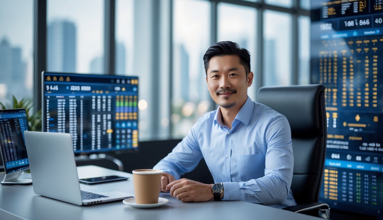 Seorang pria Asia yang percaya diri duduk di meja kantor modern dengan layar digital menampilkan data dan grafik, latar belakang pemandangan kota melalui jendela besar.